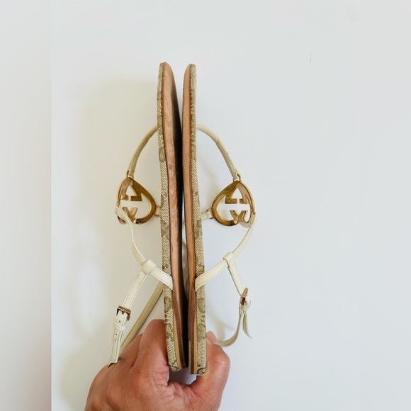 Gucci White leather GG supreme canvas interlocking heart thong sandals EU 36.5 - Picture 7 of 8